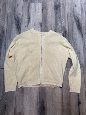 Vintage Lord & Taylor 50's Yellow Beaded Wool Angora Cardigan Sweater Satin Lini